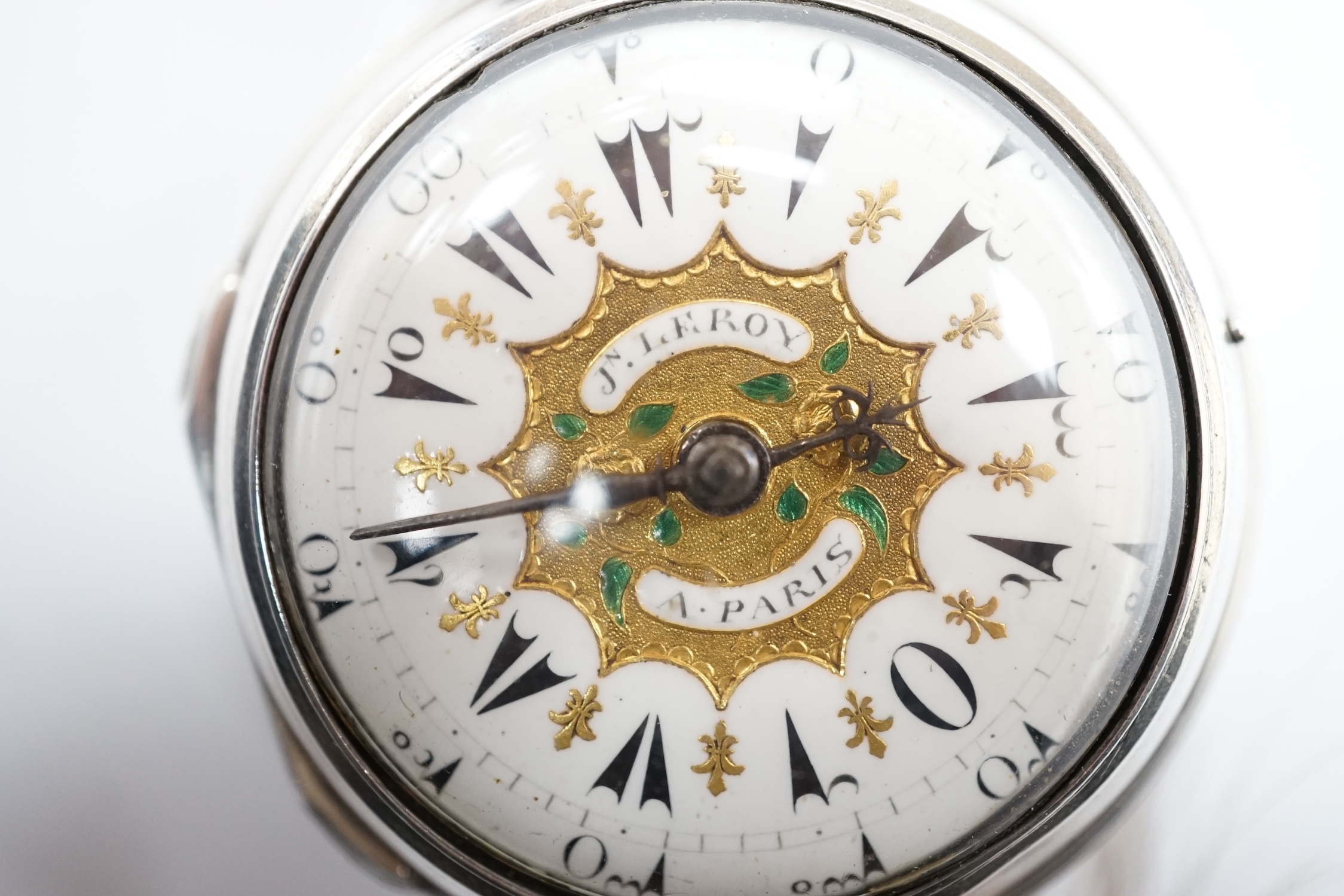 A late 18th century French white metal keywind verge open face pocket watch for the Turkish market, by Jn. Leroy of Paris, the signed movement numbered 10791, case diameter 50mm.